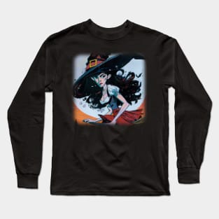 Drawing of a witch on a broom stick Long Sleeve T-Shirt